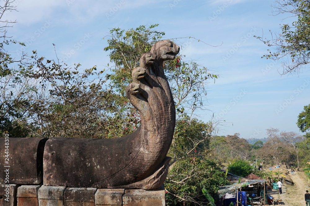 Preah Vihear,Cambodia-January 10, 2019: Naga head at the end of First pillared causeway of Preah Vihear Temple, Cambodia