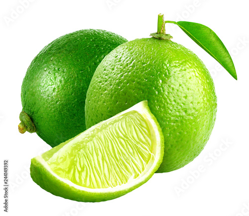 Limes and lime slice isolated on white