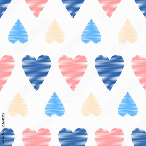 Seamless pattern with decorative hearts with a dashed texture. Valentine's day. Vector illustration. Can be used for wallpaper, textile, invitation card, web page background.