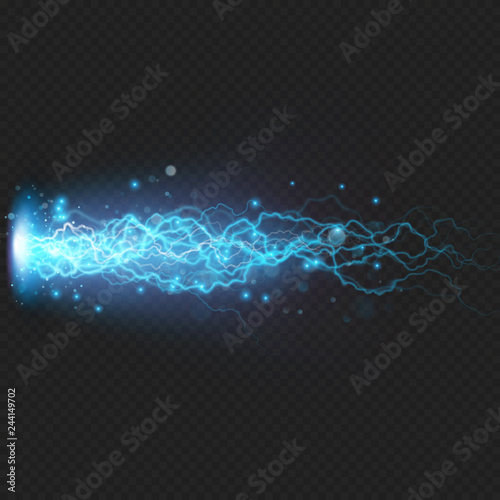 Lightning flash discharge of electricity on transparent background. Blue electrical visual effect. EPS 10