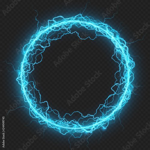 Round frame with charged energy elementary particle, glowing lightning, electric element. Isolated on transparent background. EPS 10
