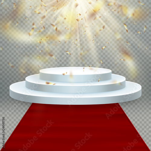 Transparent realistic effect golden shiny confetti flying. Red carpet and round podium with lights for event or award ceremony. EPS 10