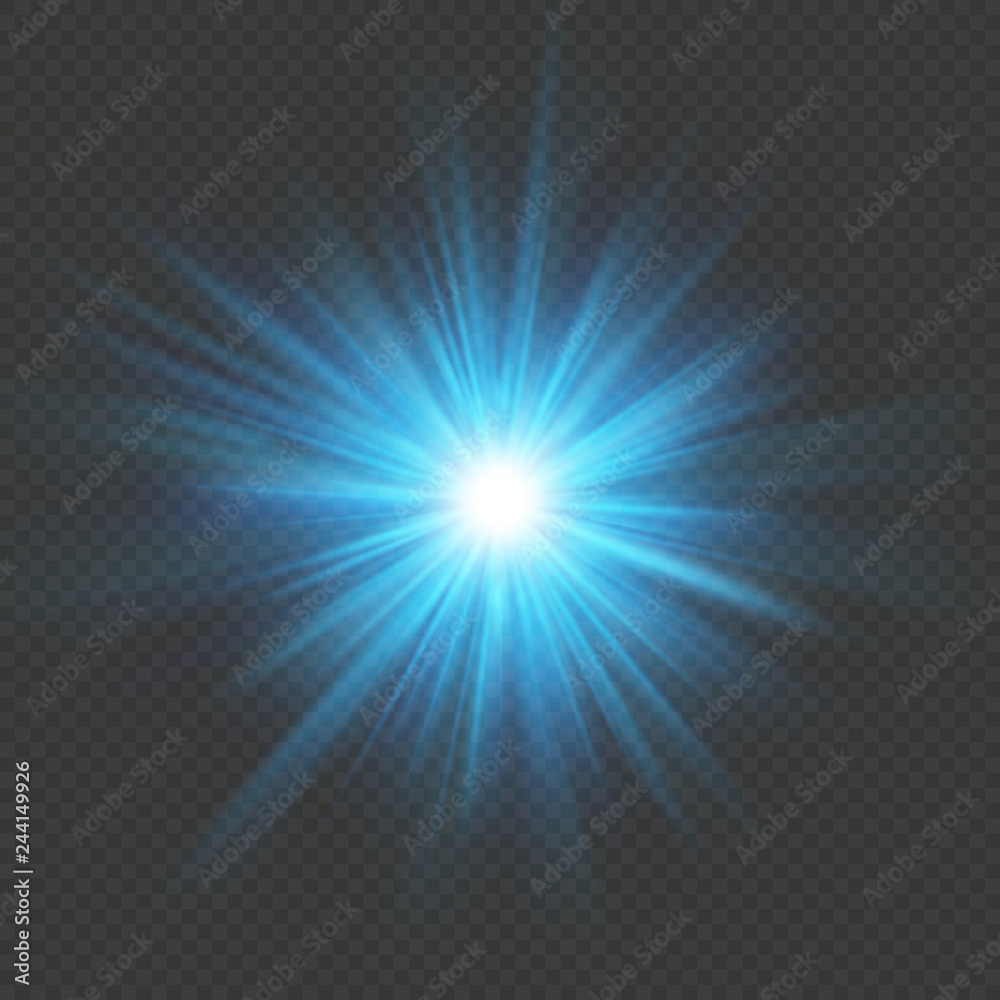 Blue glow star burst flare explosion light effect. Isolated on transparent background. EPS 10