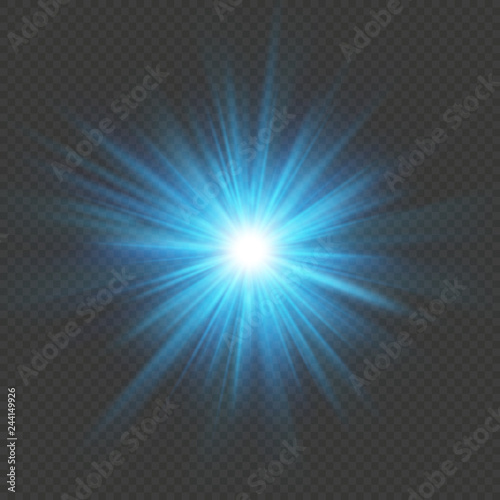 Blue glow star burst flare explosion light effect. Isolated on transparent background. EPS 10