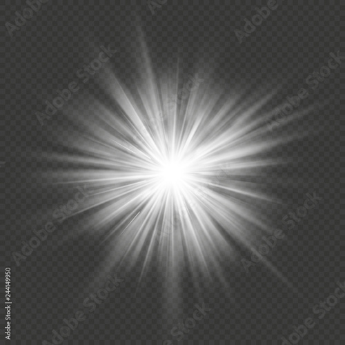 White glow star burst flare explosion transparent light effect. EPS 10