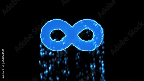 Liquid symbol infinity appears with water droplets. Then dissolves with drops of water. Alpha channel black photo