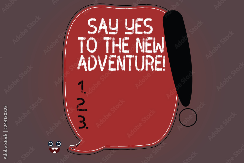 Naklejka premium Word writing text Say Yes To The New Adventure. Business concept for Exploring the world traveling life experience Blank Color Speech Bubble Outlined with Exclamation Point Monster Face icon