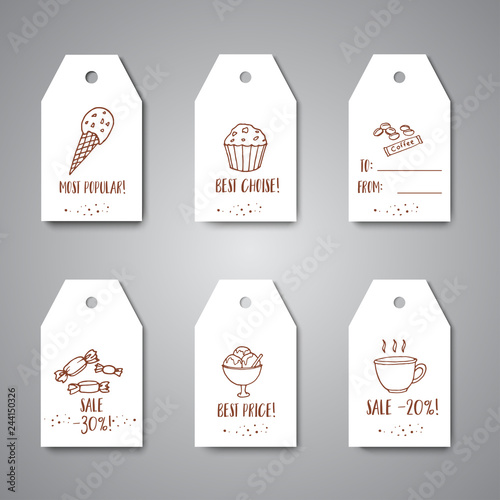 Tags with sweets and bakery, tea. price card, stickers and hangind designs photo