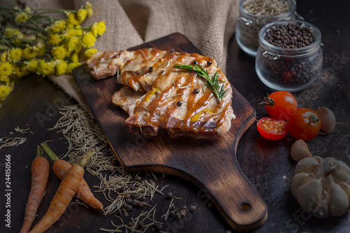 Εκτύπωση καμβά Delicious beef or pock steaks on wooden table