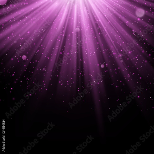 Abstract purple overlay effect. Shimmering object with rays background. Glow light falling down and light flare. Spotlights scene. EPS 10