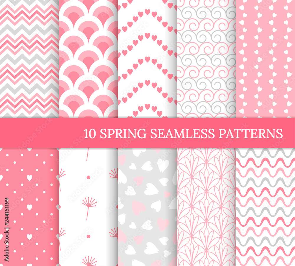 Ten different spring seamless patterns. Romantic pink backgrounds for Valentine's or wedding day. Endless texture for wallpaper, web page, wrapping paper. Retro love style. Wave, flower, curl, heart