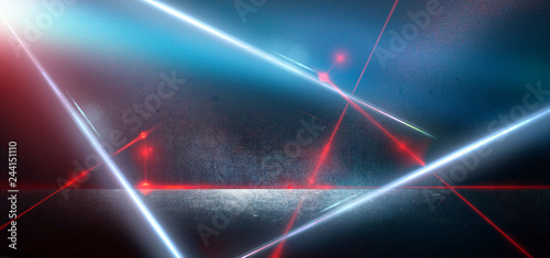 Dark room, street, tunnel, corridor, background with searchlight rays and a red laser beam, smoke, smog, dust. Abstract dark blue background with neon and rays. 