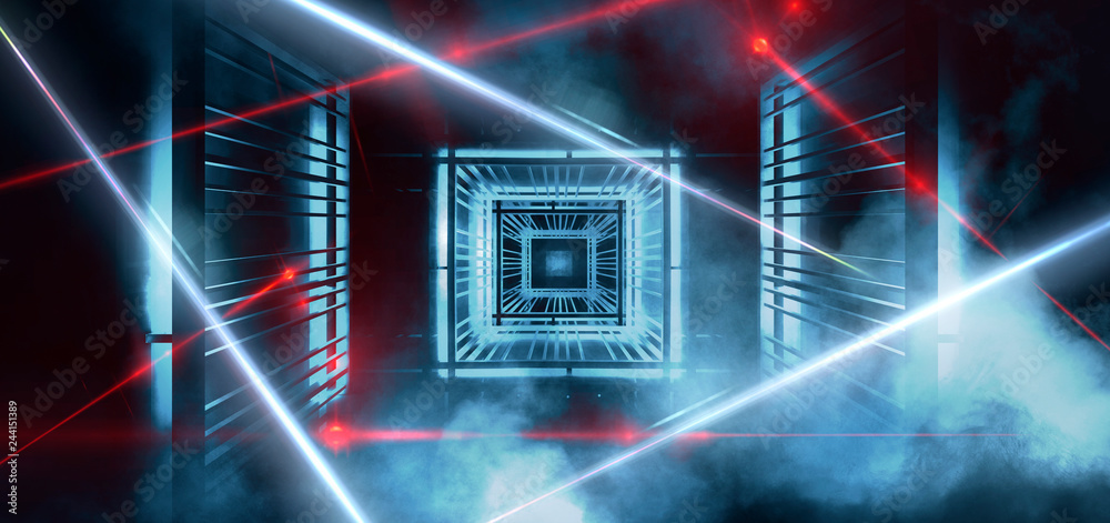 Abstract blue background with neon light, metal construction, neon lights, red laser beams, smoke. Light pyramid, triangle or cube.