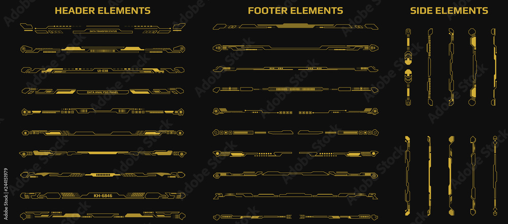 HUD Futuristic Header Footer And Side Elements Set For UI Game Inforgraphic Frame Vector. Gold Abstract Future Cyber Gadget Bar Shape Display Design Illustration.