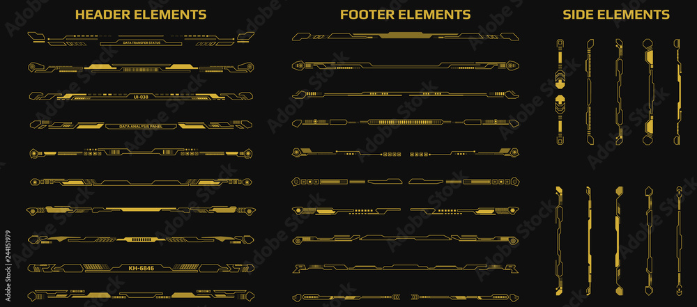 HUD Futuristic Header Footer And Side Elements Set For UI Game Inforgraphic  Frame Vector. Gold Abstract Future Cyber Gadget Bar Shape Display Design  Illustration. Stock Vector | Adobe Stock