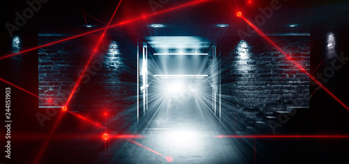 Dark room, a tunnel, a corridor with rays of light and a red laser beam of red color, smoke, smog, dust. Abstract dark blue background with light effect, neon.