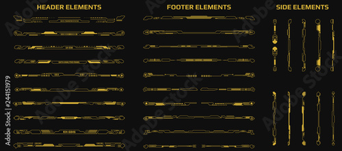 HUD Futuristic Header Footer And Side Elements Set For UI Game Inforgraphic Frame Vector. Gold Abstract Future Cyber Gadget Bar Shape Display Design Illustration.