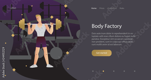 Landing page template of Body Factory Gym. Modern flat design concept of web page design for website and mobile website. Easy to edit and customize. Vector illustration fitness