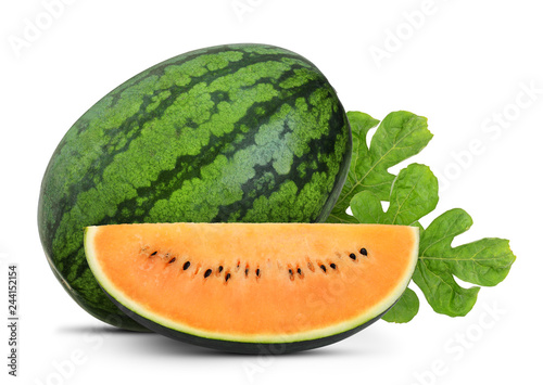 whole and slice king orange watermelon or sweet gold watermelon with leaf isolated on white background