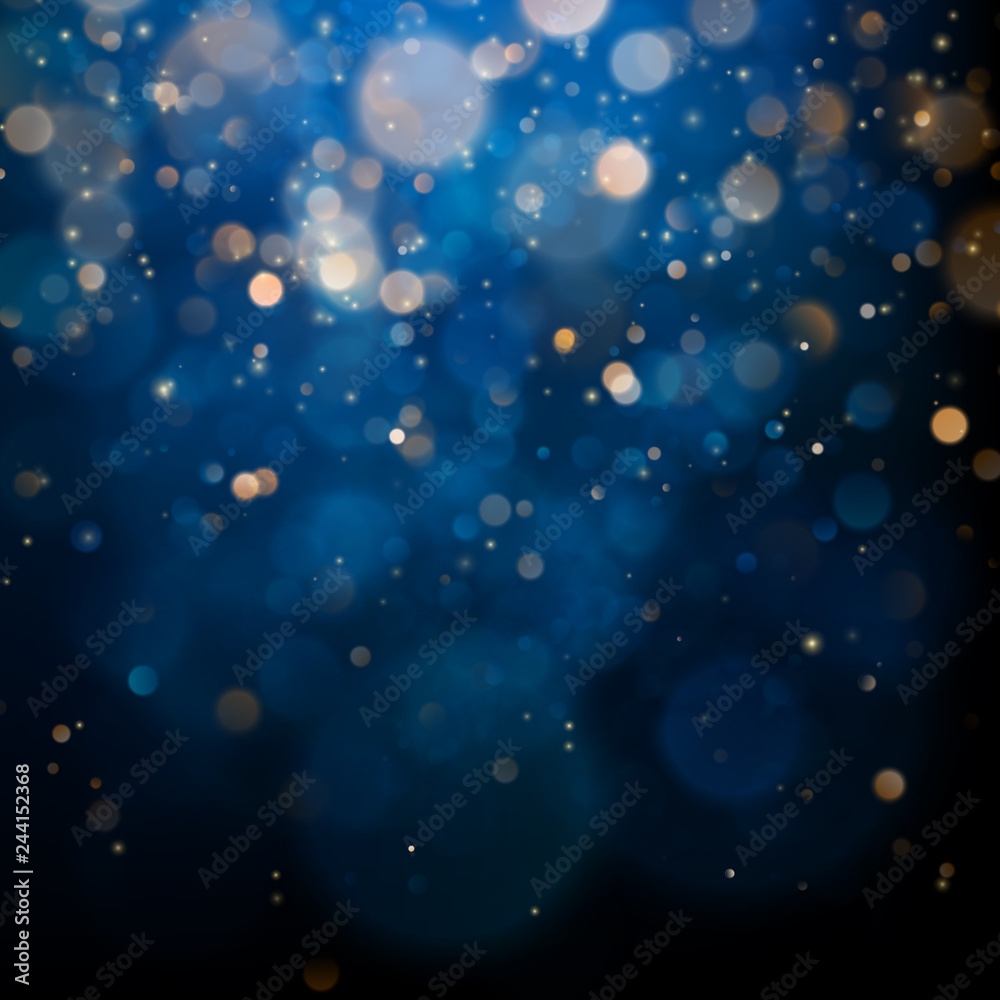 Blurred bokeh light on dark blue background. Christmas and New Year holidays template. Abstract glitter defocused blinking stars and sparks. EPS 10