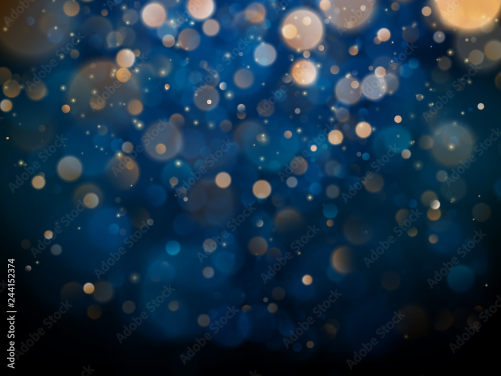 Blurred bokeh light on dark blue background. Christmas and New Year holidays template. Abstract glitter defocused blinking stars and sparks. EPS 10 - obrazy, fototapety, plakaty 