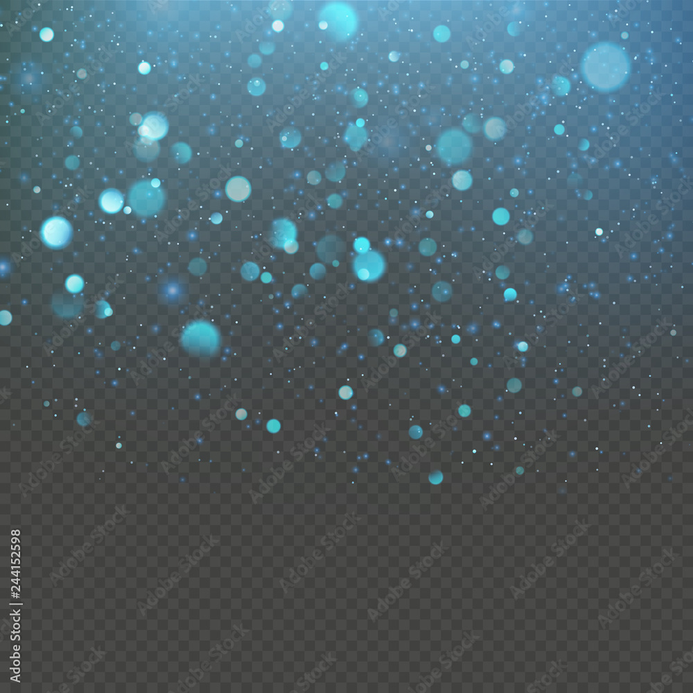 Christmas blue bokeh snowfkakes overlay effect on transparent background. EPS 10