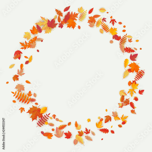 Wreath made of autumn flowers and leaves on light background. Autumn composition. EPS 10