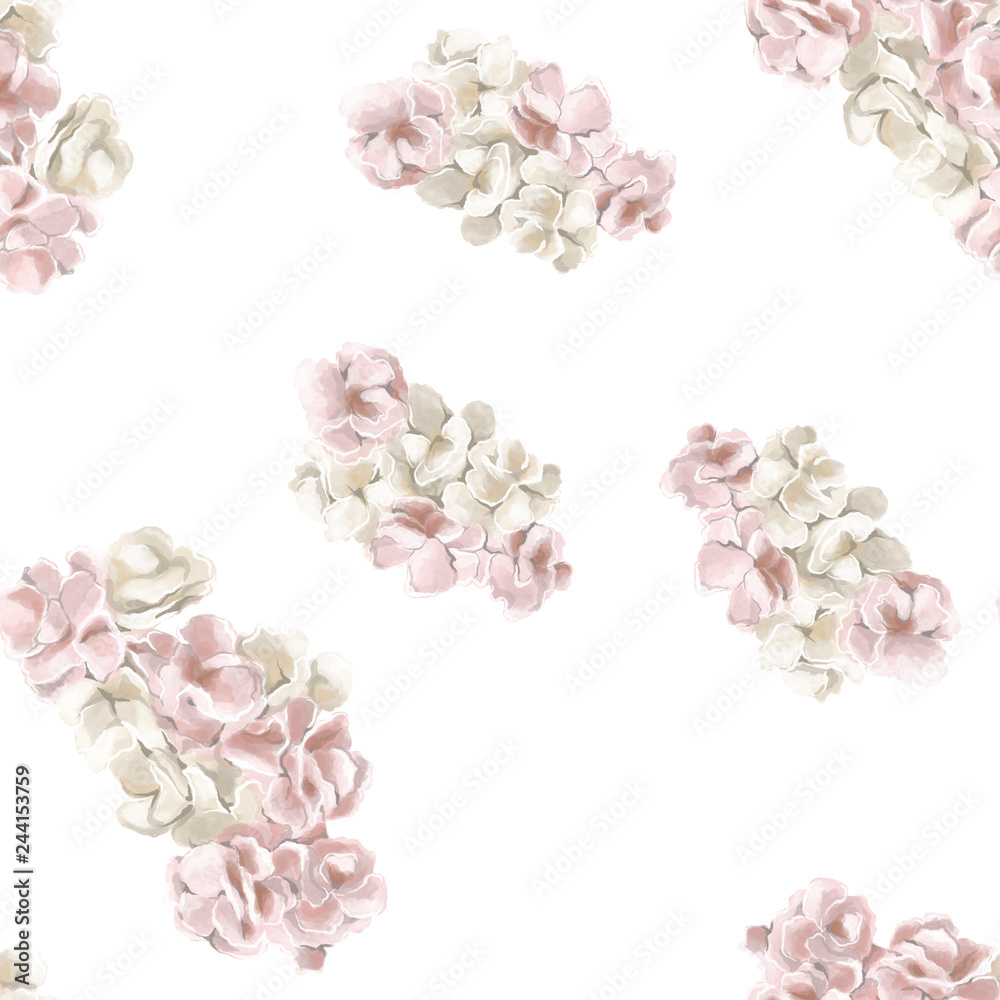 Valentines day. Seamless pattern. Watercolor style bunches of delicate pink and green flowers on the flat white background Valentines day. Seamless pattern. Watercolor style bunches of delicate pink and green flowers on the flat white background