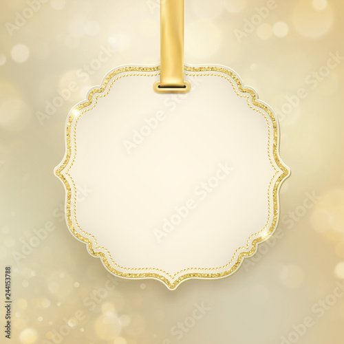 Christmas holiday glowing abstract glitter defocused blurred bokeh gold background with label and space for text. EPS 10