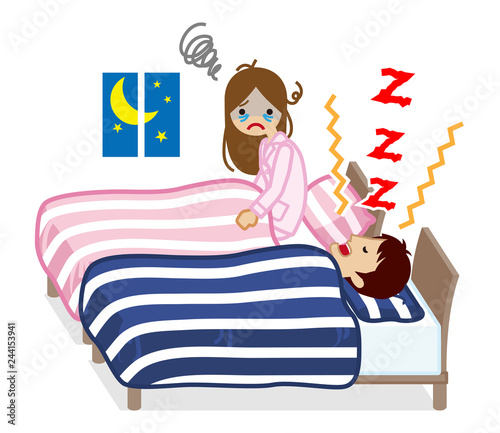 Yound woman suffering snore noise by her husband - sleep problem, White background