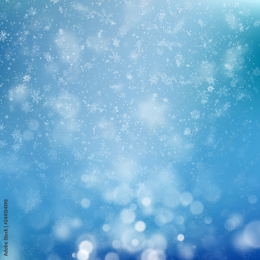 Christmas background with bokeh lights and snowflakes. New year template. EPS 10
