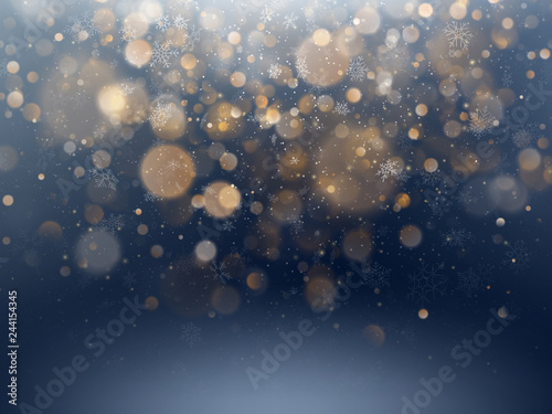 Christmas and New Year template with white blurred snowflakes, glare and sparkles on blue background. EPS 10