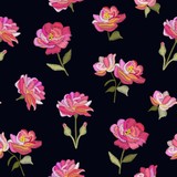Embroidery seamless pattern with pink flowers on black background. Imitation of satin stitch. Vector illustration.