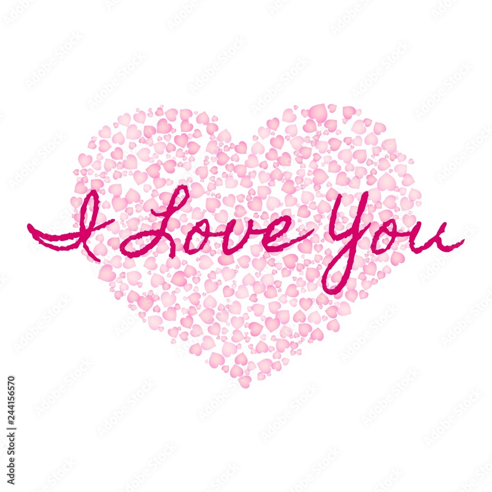 I Love You text on the background of pink hearts shape. Saint Valentines Day template. Vector card