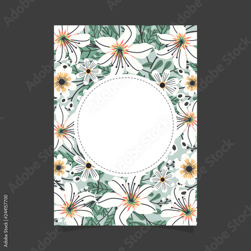 Common size of floral greeting card and invitation template for wedding or birthday anniversary, Vector shape of text box label and frame, Spring flowers wreath ivy style with branch and leaves.