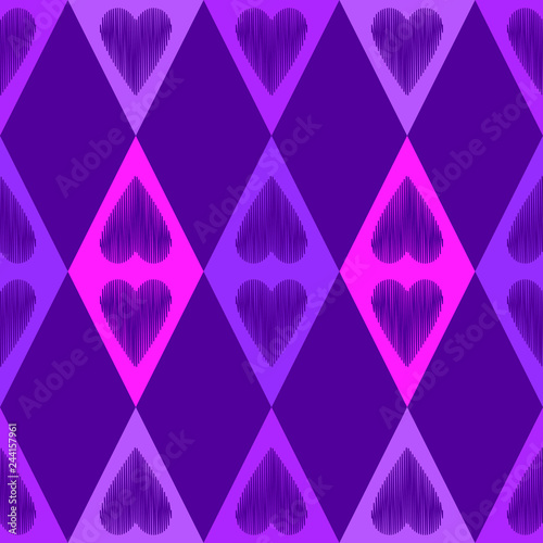 Seamless pattern with decorative hearts with a dashed texture in a diamond frame. Valentine's day. Vector illustration. Can be used for wallpaper, textile, invitation card, web page background.