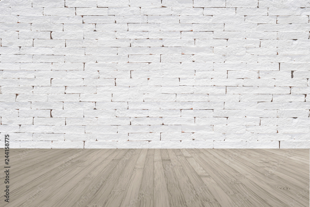 Brick wall with wooden floor textured background in light grey with vignette