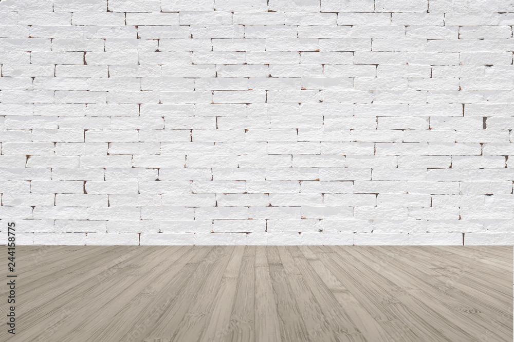 Fototapeta premium Brick wall with wooden floor textured background in light grey with vignette