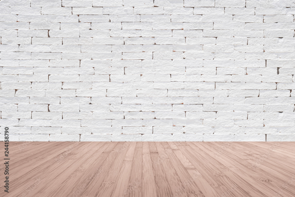 Brick wall with wooden floor textured background in light grey with vignette Brick wall with wooden floor textured background in light grey with vignette