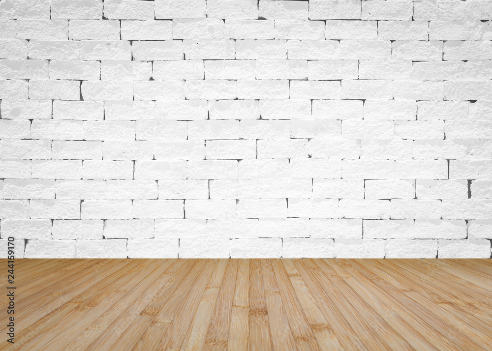 Brick wall painted in white with wooden floor textured background in natural yellow brown Brick wall painted in white with wooden floor textured background in natural yellow brown