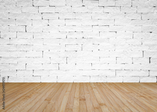 Brick wall painted in white with wooden floor textured background in natural yellow brown