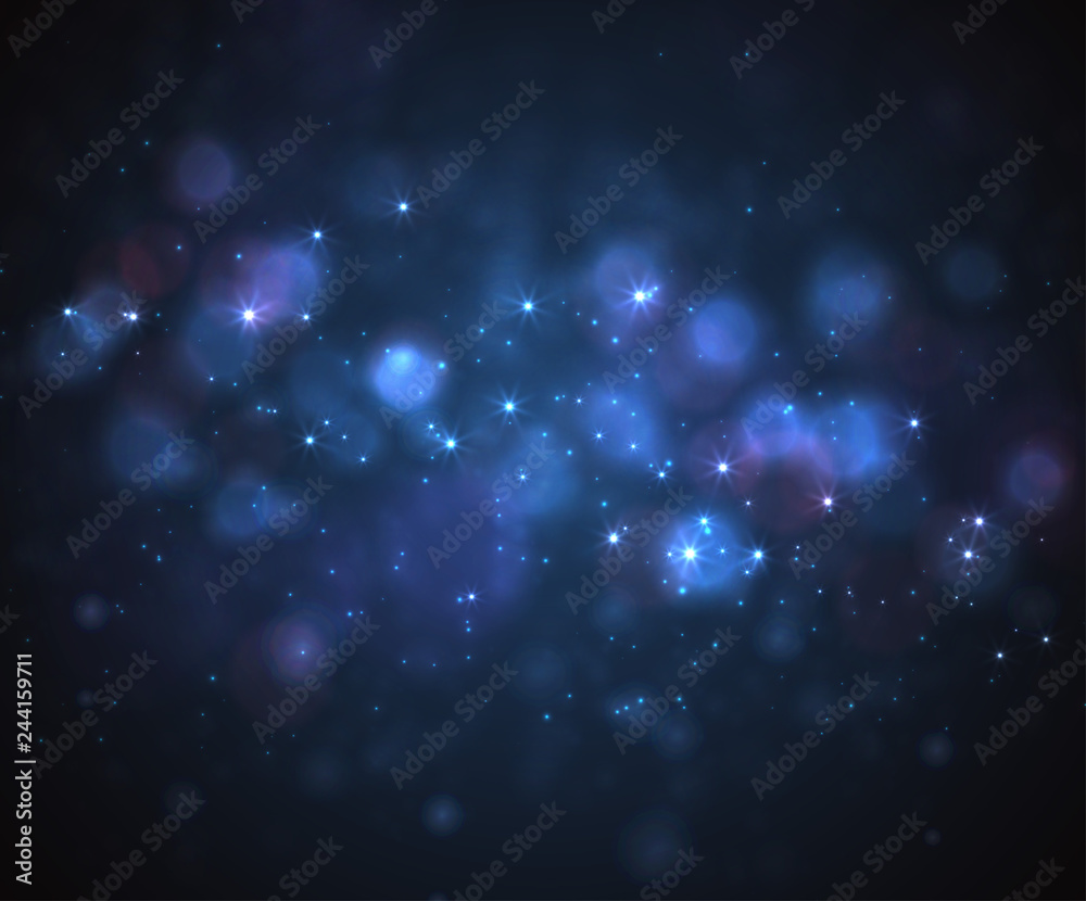 Blue Bokeh background, Magic Christmas Dark Banner. Blue Bokeh background, Magic Christmas Dark Banner.