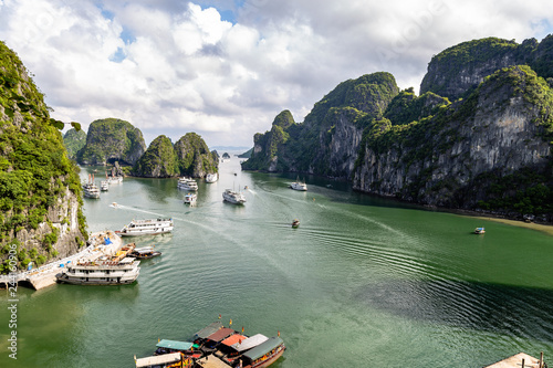 Halong Bay, Vietnam -panorama of the bay in front of Hang Sung Sot grottoes. Halong Bay is a UNESCO World Heritage Site, famous for its karst formations