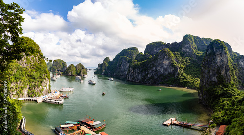 Halong Bay  Vietnam -panorama of the bay in front of Hang Sung Sot grottoes. Halong Bay is a UNESCO World Heritage Site  famous for its karst formations