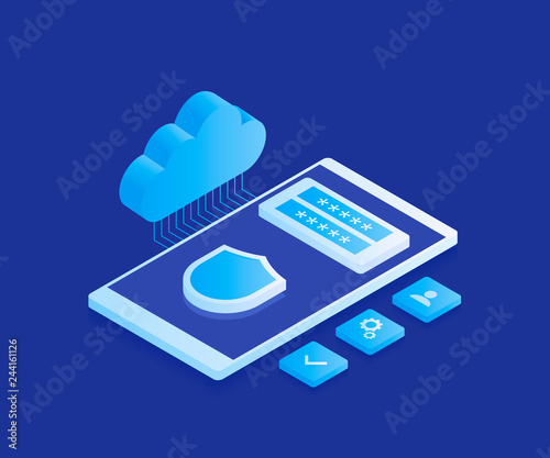 Corporation public data storaging, access for file who storage on remote cloud server concept, smartphone with cloud icon and registration form. Modern vector illustration in isometric style