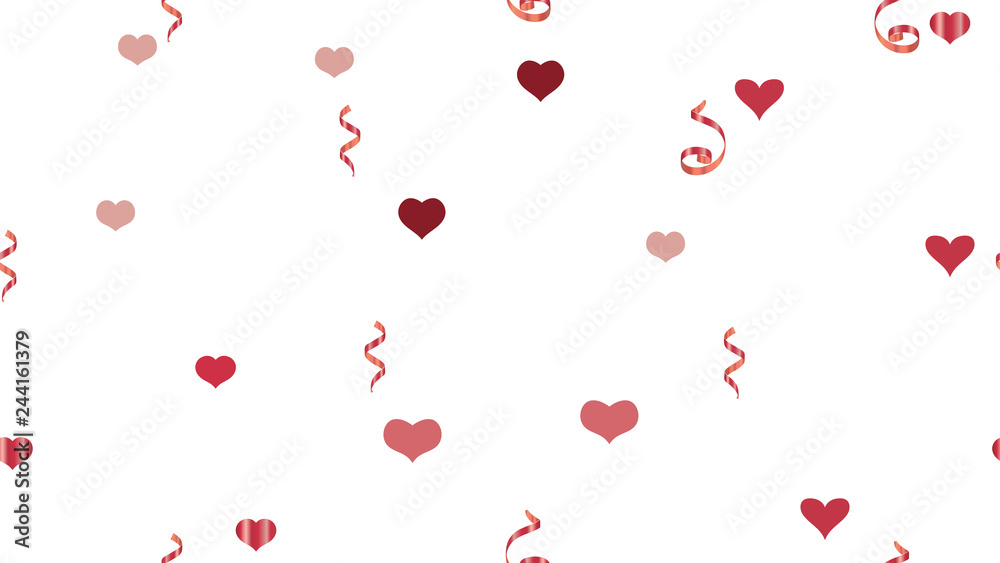 Flying Red confetti. Vector Seamless Pattern on a White Background. Element of packaging, textiles, wallpaper, banner, printing. Bright Pattern of Hearts and Serpentine.