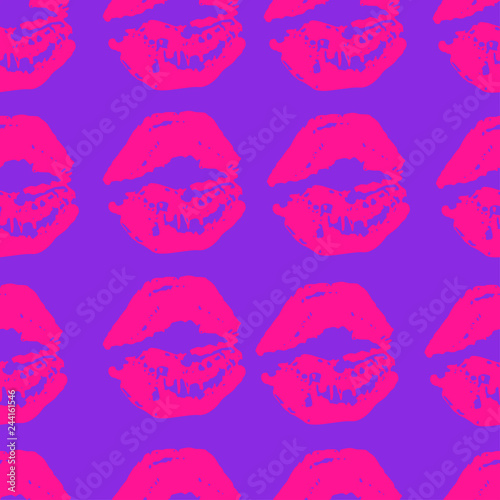 Seamless pattern of plastic pink lipstick kisses prints on proton purple background.