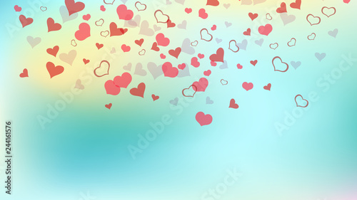 Festive background. Red on Gradient fond Vector. Red hearts of confetti crumbled. A sample of wallpaper design, textiles, packaging, printing, holiday invitation for Valentine's Day.