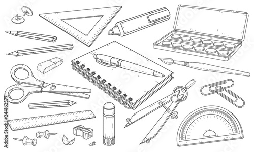 stationery, art materials, line drawing pens and pencils, drawn vector illustration