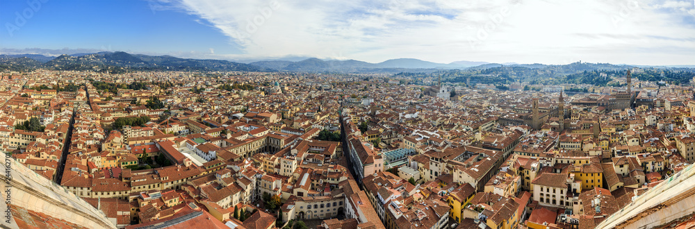 Panorama view from the Cathedral of Santa Maria del Fiore on Florence (Basilica of Santa Croce, Great Synagogue of Florence, Badia Fiorentina, Palazzo Vecchio)